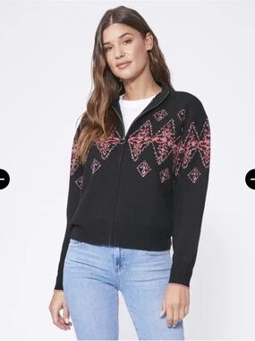 PAIGE Fabienne Zip Bomber Sweater with Pink Fair Isle Accents